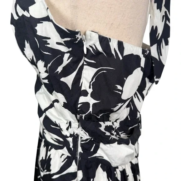 Boston Proper Halter Dress Women 14 Black White Floral Cotton Midi Summer Pocket - Picture 4 of 10